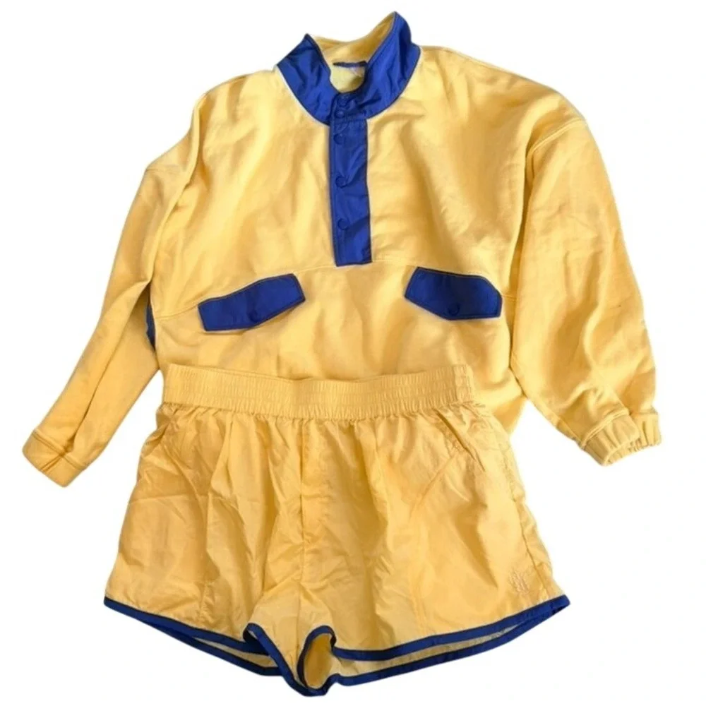 Free People FP Movement World Tour Pullover and Shorts Set Yellow Blue NWT